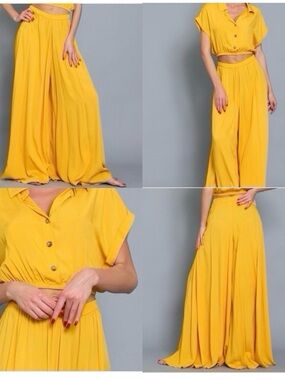 Yellow Wide Leg Pant Set with Crop Top